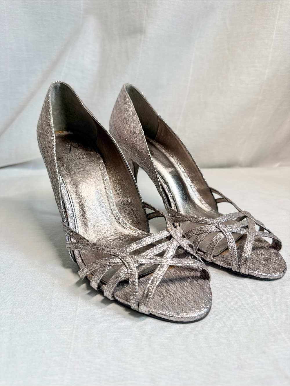Adrianna Papell Metallic Silver Strappy Peep-Toe Heels